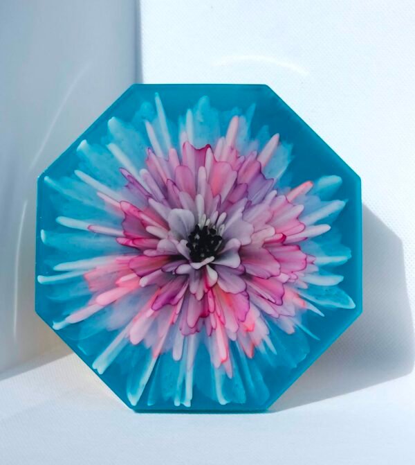 White pink and purple bloom on turquoise back Teal Octagonal Bloom Coaster